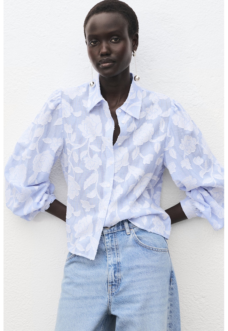 Camasa de bumbac cu maneci bufante - Albastru lavanda