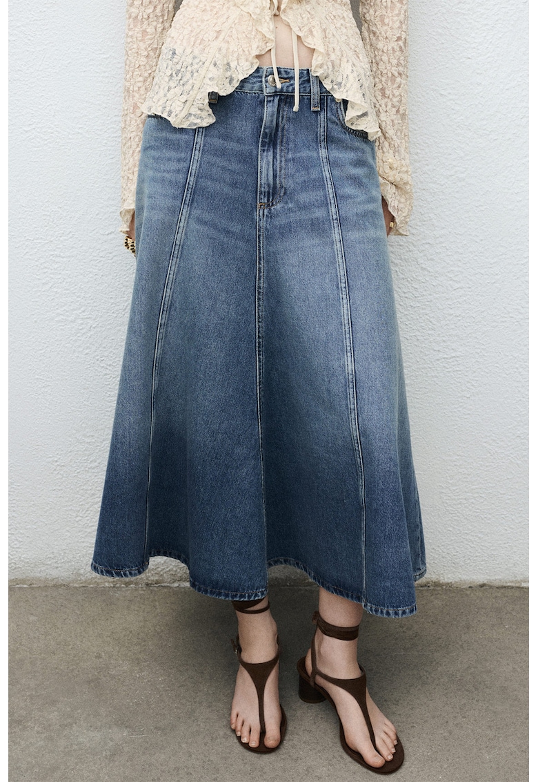 Fusta midi evazata din denim - Albastru melange