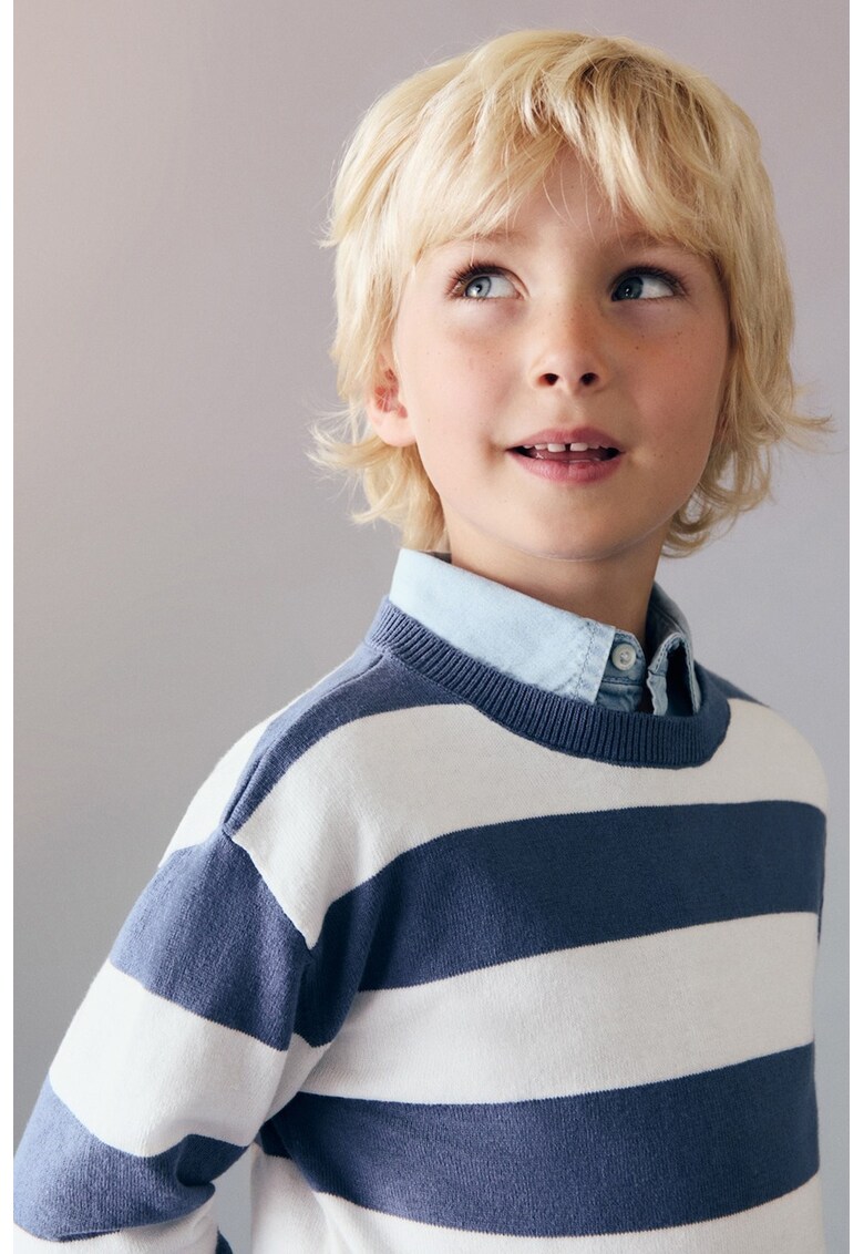 Pulover cu decolteu rotund si model in dungi - Alb/Albastru inchis