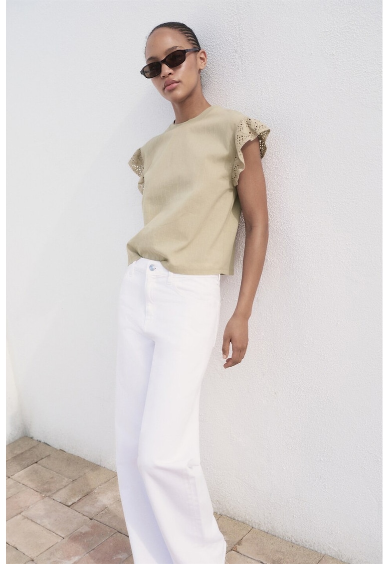 Tricou din bumbac cu decolteu la baza gatului si model uni - Maro taupe deschis