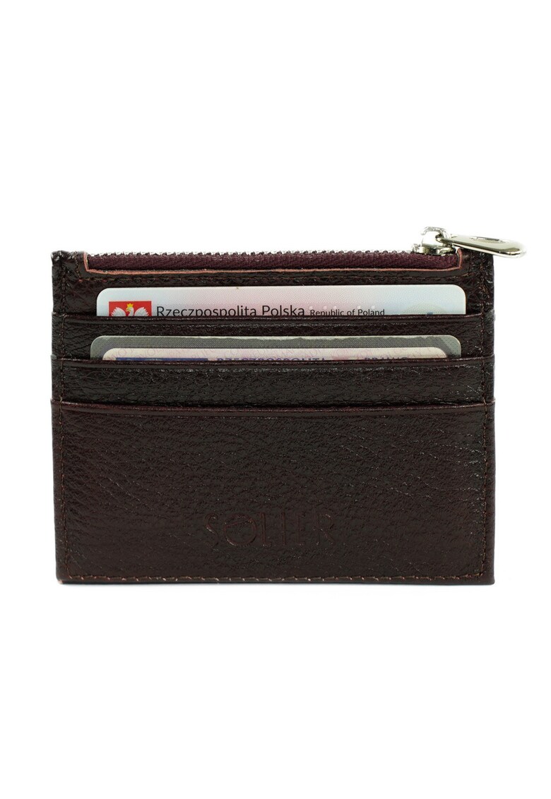 Portofel pentru carduri din piele naturala SW42 cu fermoar 10x8 cm visiniu