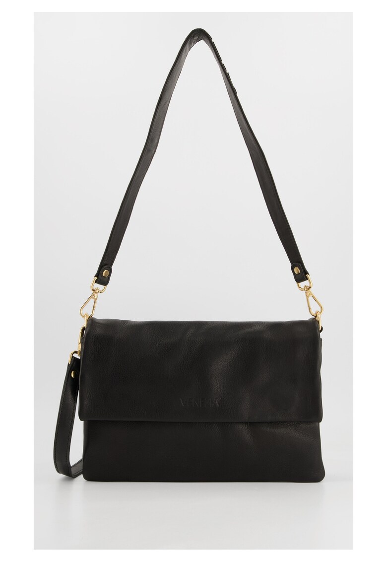 Geanta crossbody dama piele naturala - 3 compartimente - neagra - 20x27x3 -5cm