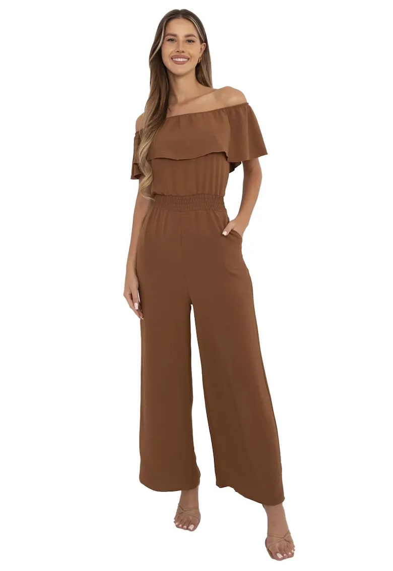 Salopeta cu decolteu pe umeri si buzunare laterale -