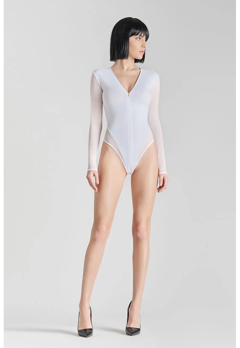 Body transparent cu mânecă lungă și deschidere frontală prin fermoar -