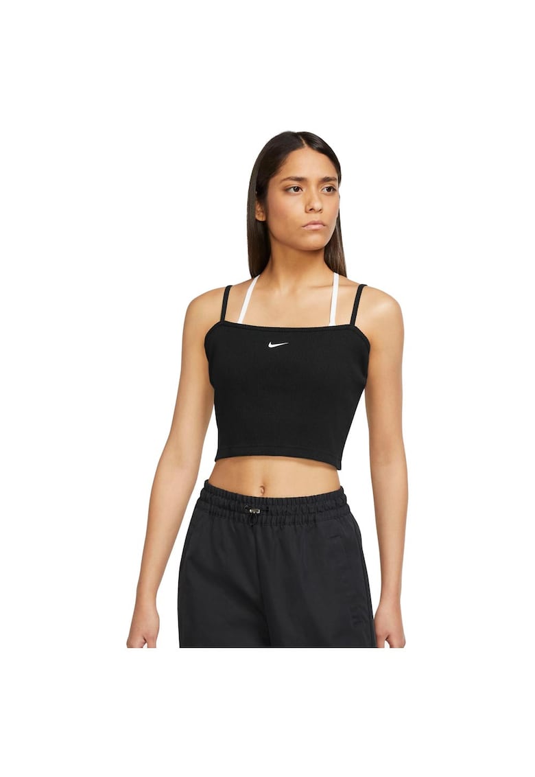 Top scurt Sportswear Essential - croiala slim - bumbac - negru -