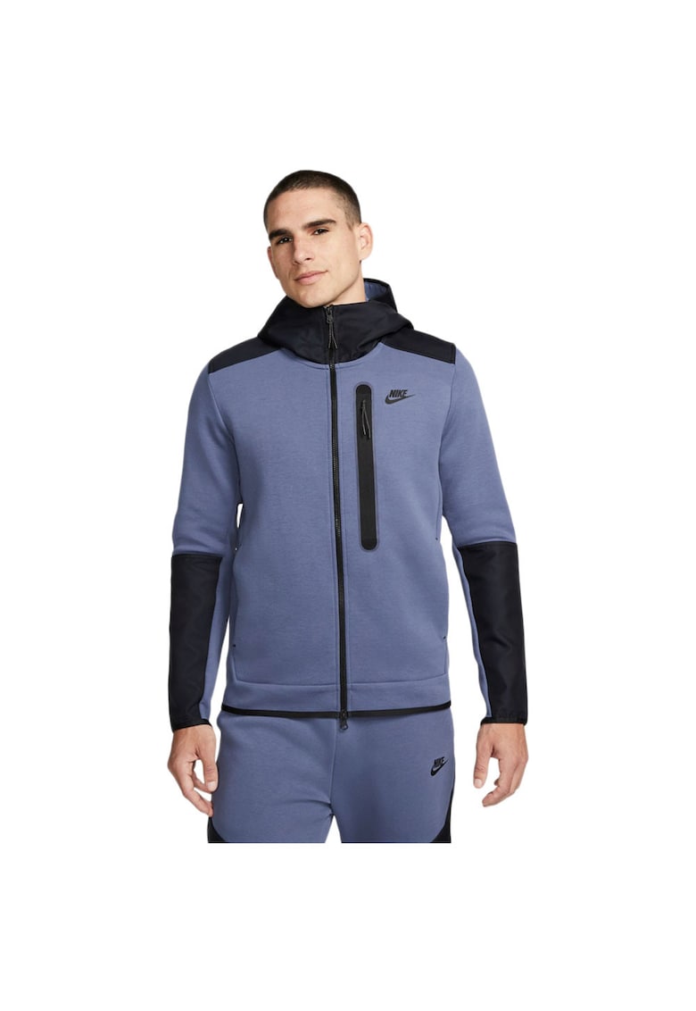 Hanorac sport barbati Tech Fleece - rezistent la intemperii - gluga spatioasa - albastru - bumbac/poliester