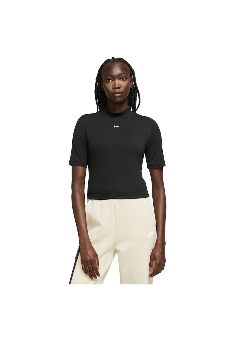 Tricou sport dama - Sportswear Essentials Rib Mock - maneca scurta - negru - poliester