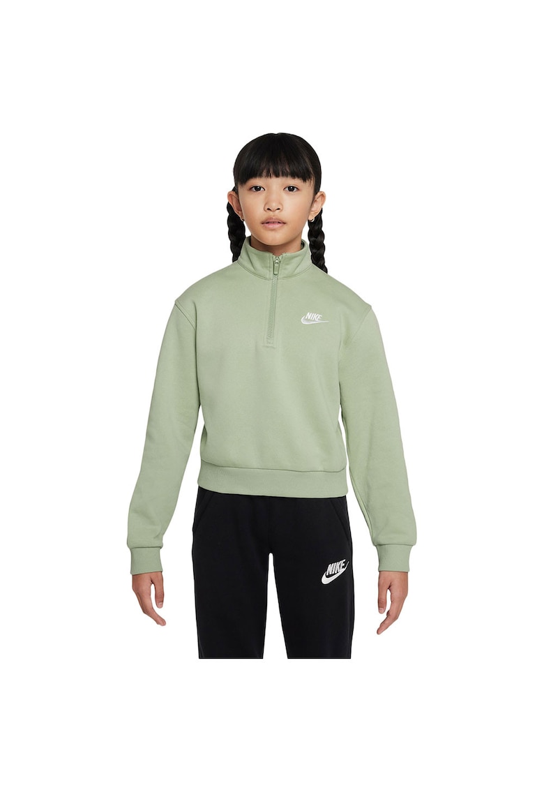 Hanorac Sportswear Club Fleece pentru fete - bumbac/poliester - maneca lunga - jumatate de fermoar - verde