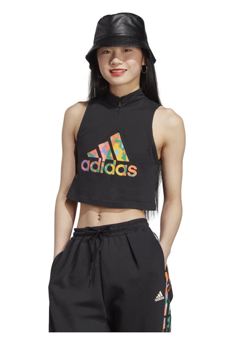Maiou sport - adidas - cropped - imprimeu camo - negru - bumbac -