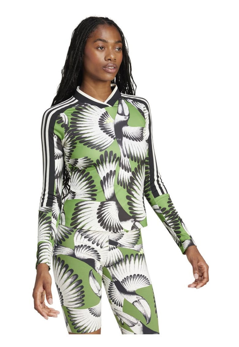 Bluza sport dama Adidas x FARM Rio - imprimeu tropical - 3 dungi - verde - tesatura reciclata -