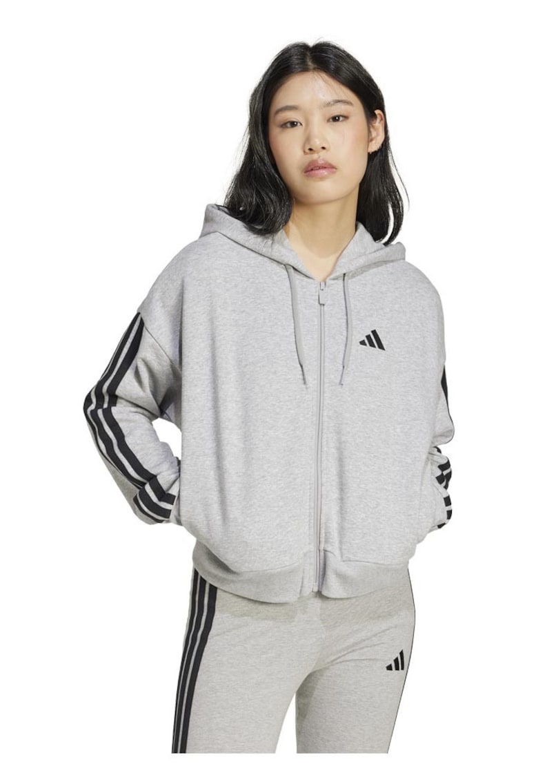 Hoodie sport - adidas - Essentials 3-Stripes - fermoar - gri - materiale reciclate -