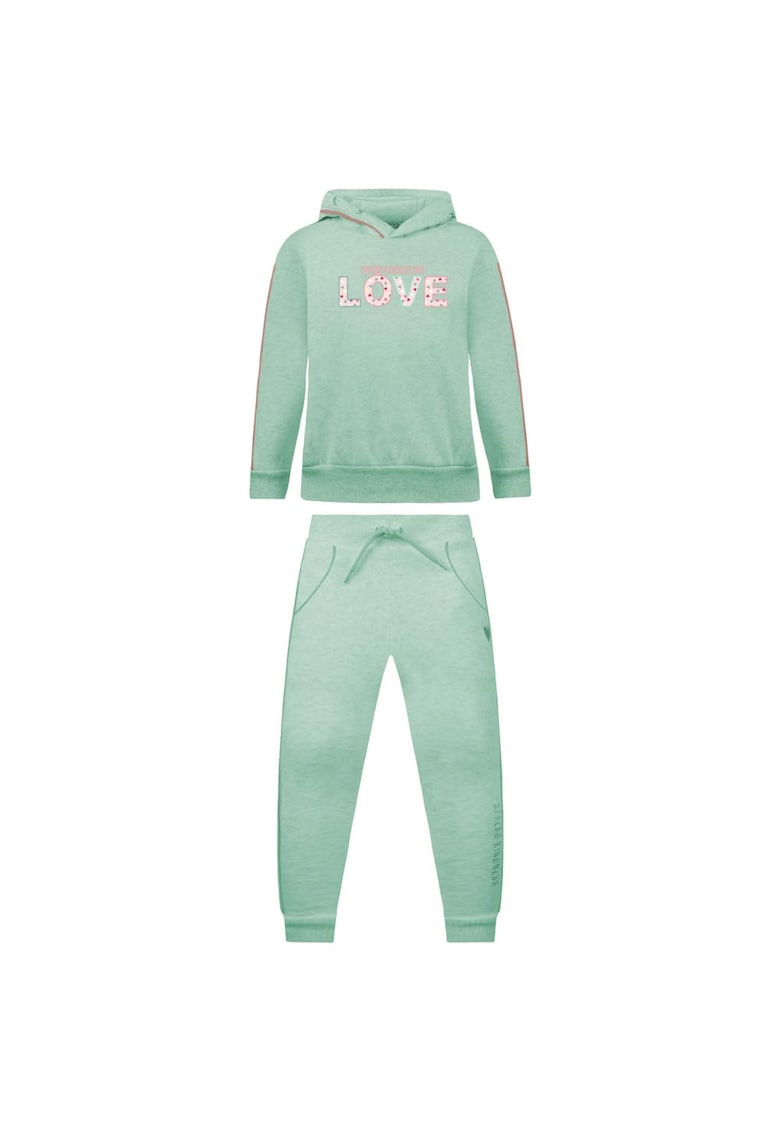 Set trening hanorac cu gluga si puf - pantaloni cu snur - broderie - verde - bumbac-poliester