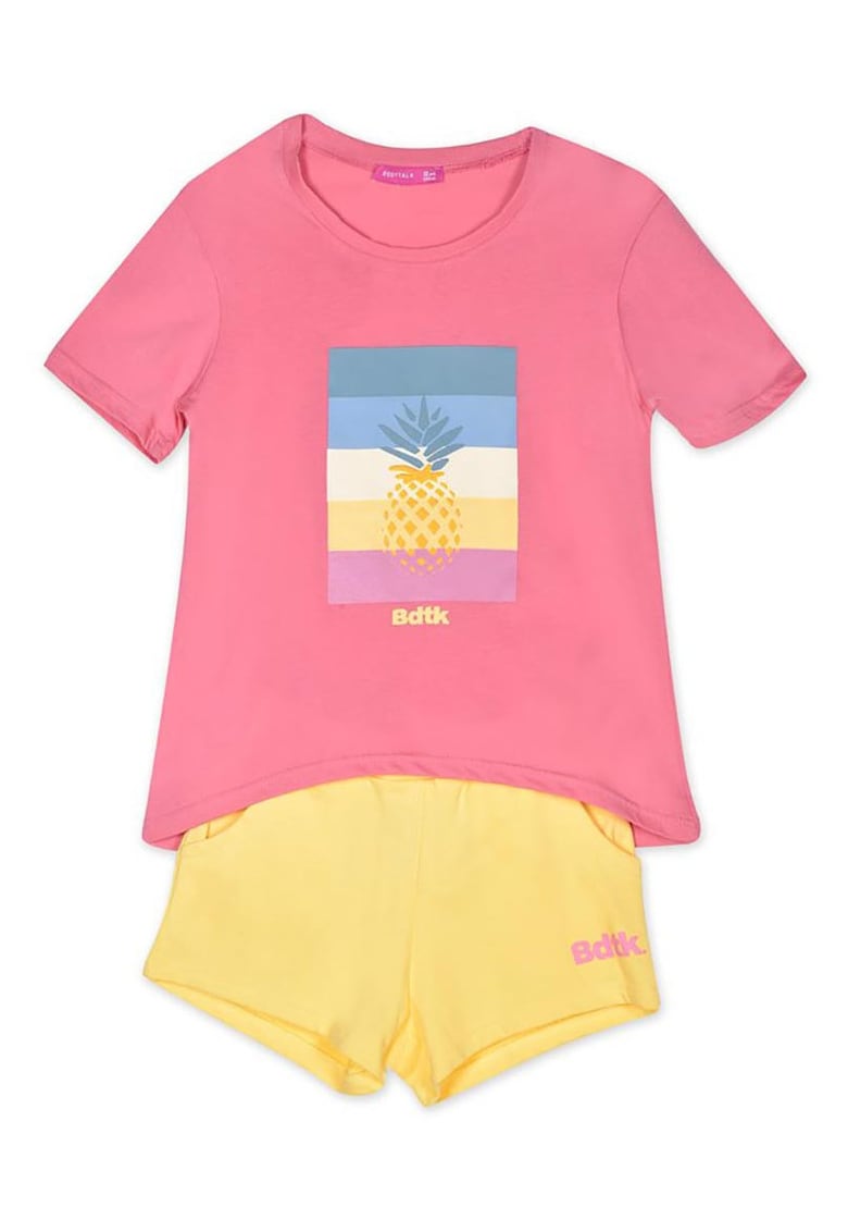 Compleu copii - set pantaloni scurti si top - roz si galben - bumbac.