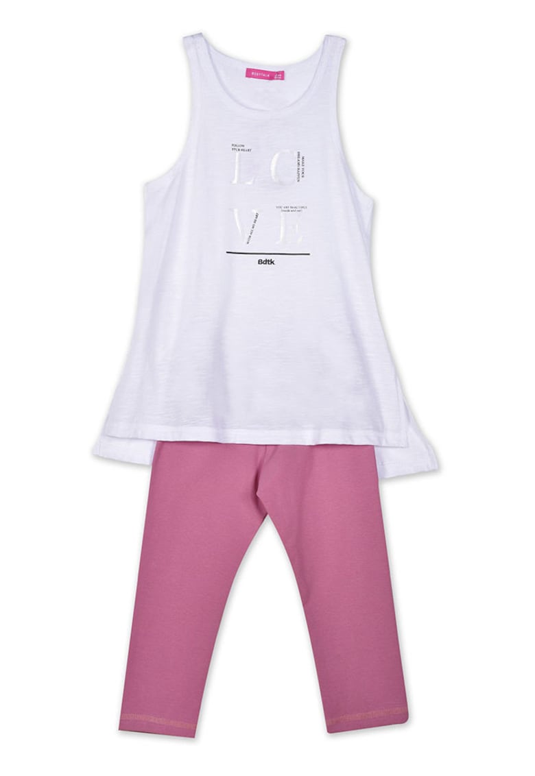 Set Compleu pentru copii - bluza fara maneci si colanti 3/4 - alb-roz - bumbac