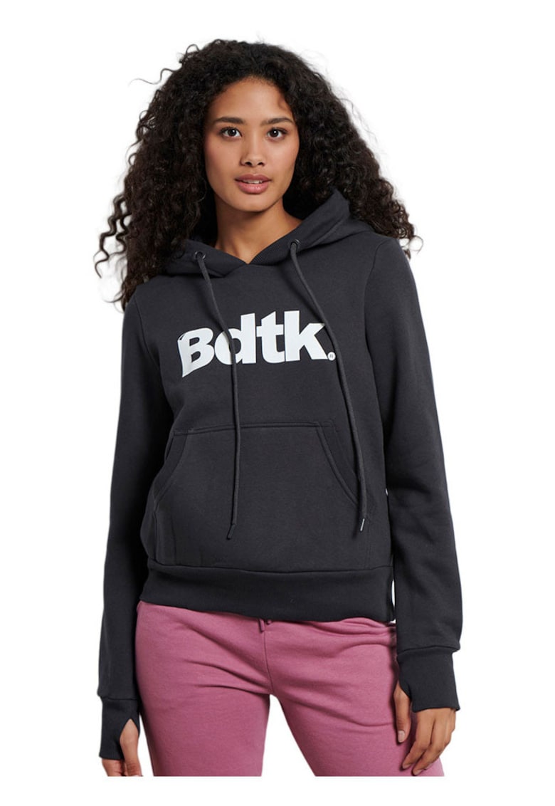 Hanorac dama - negru/alb - fleece interior - buzunar cangur - 70% bumbac - 30% poliester -