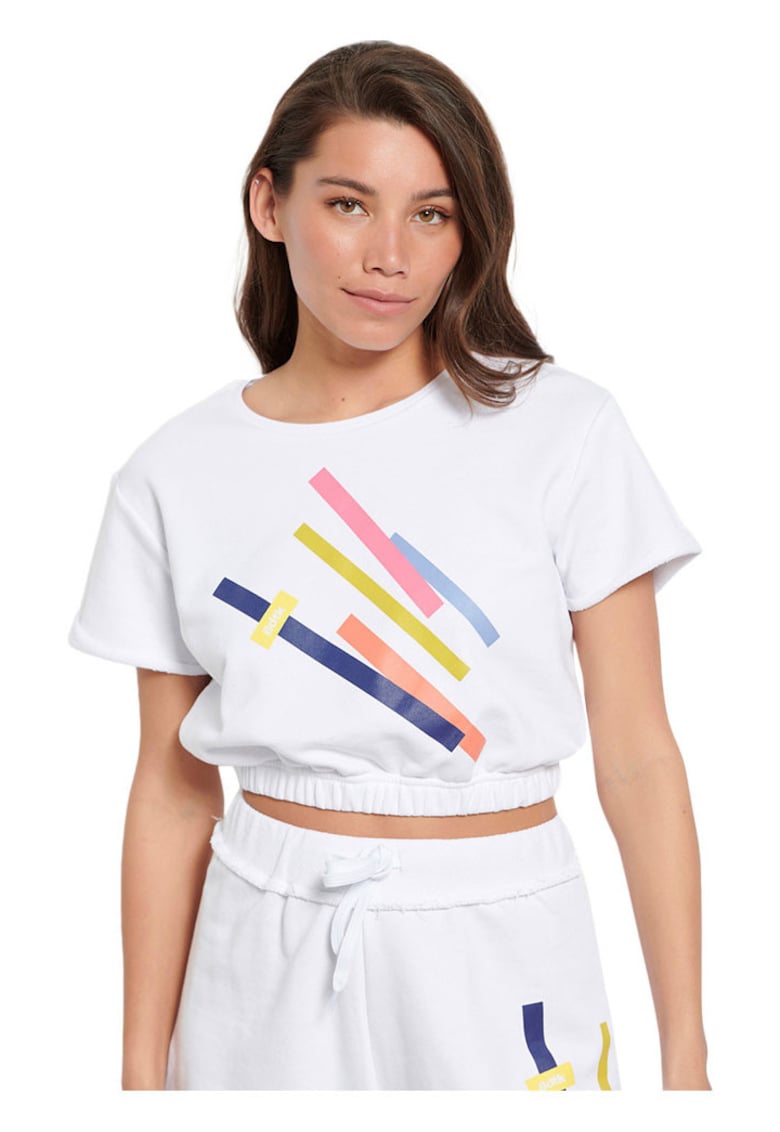Tricou scurt imprimeu colorat - elastic in talie - decolteu rotund - bumbac/poliester - multicolor
