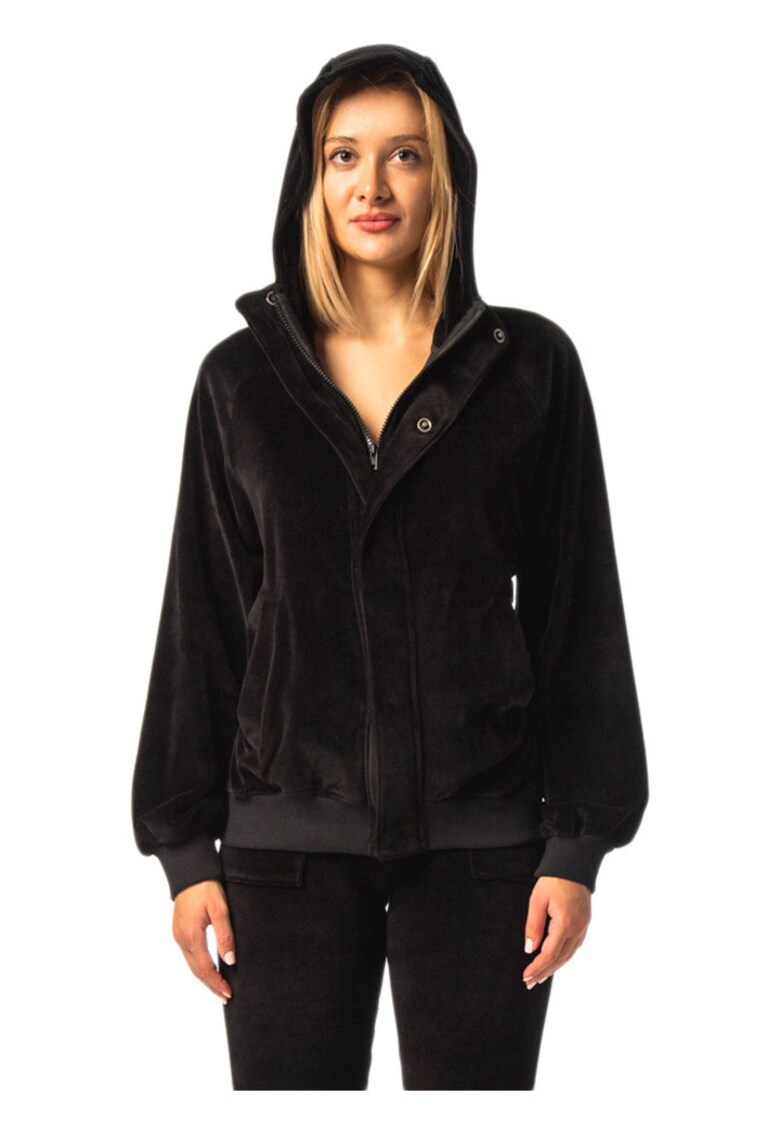 Cardigan dama cu gluga - negru - bumbac si poliester -