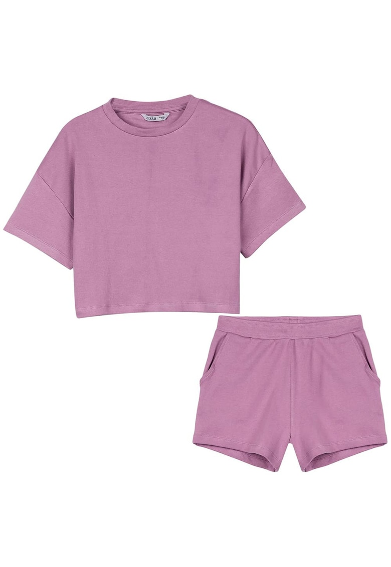 Compleu copii tricou supradimensionat cu decolteu rotund - pantaloni scurti cu talie elastica - violet - bumbac