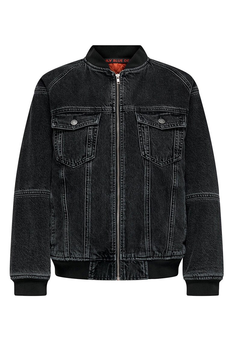 Geaca dama bomber - neagra - bumbac - cu guler inalt si fermoar
