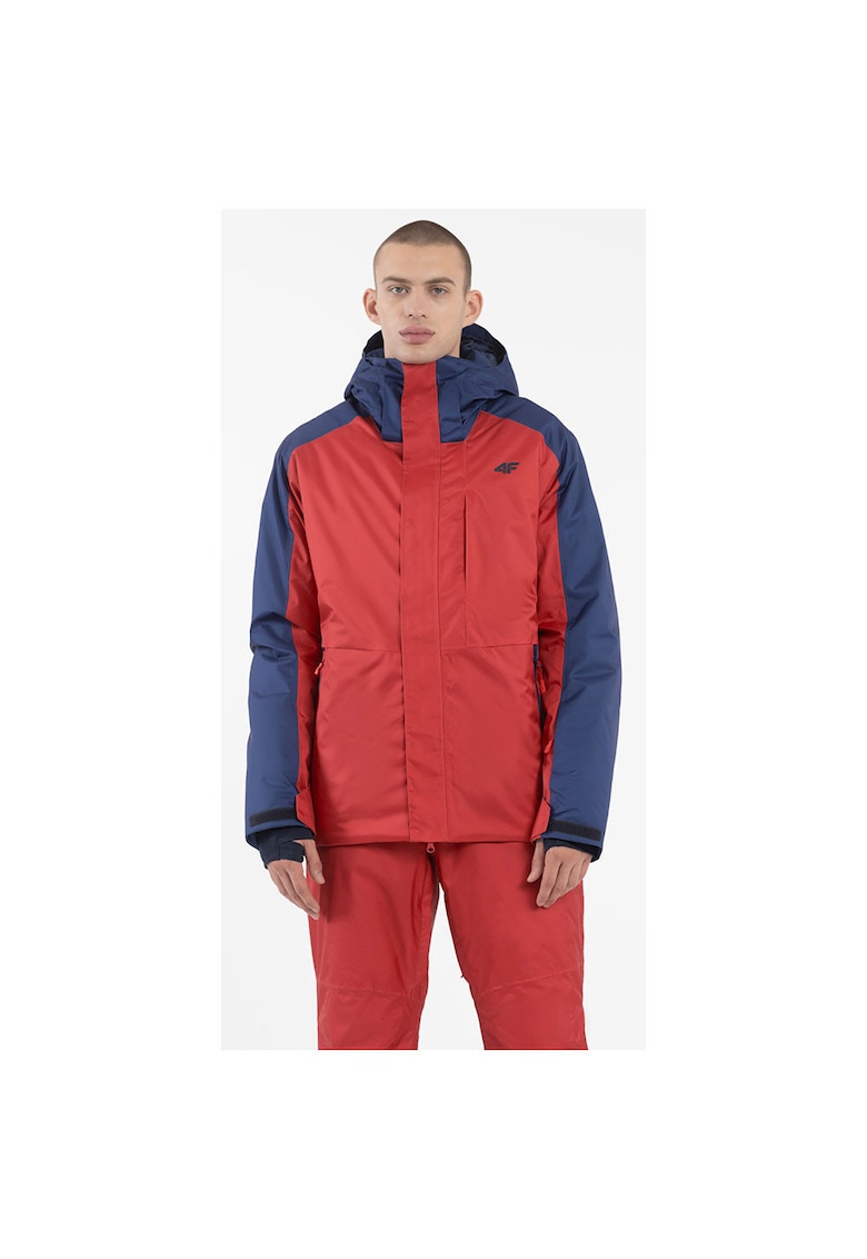 Geaca de ski croiala standard - impermeabila - rosie/albastra - poliester - cu gluga detasabila -