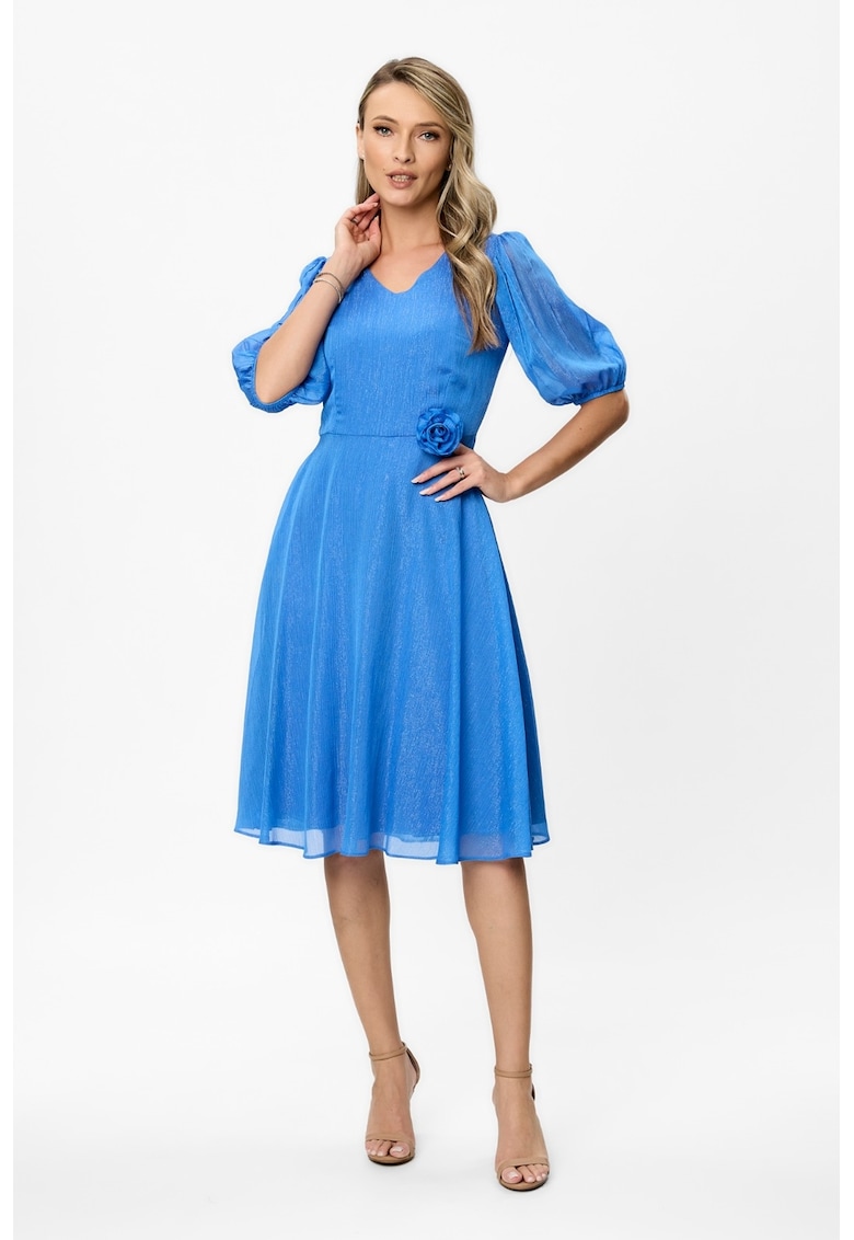 Rochie evazata cu maneci bufante semi-transparente si aplicatie florala Alison