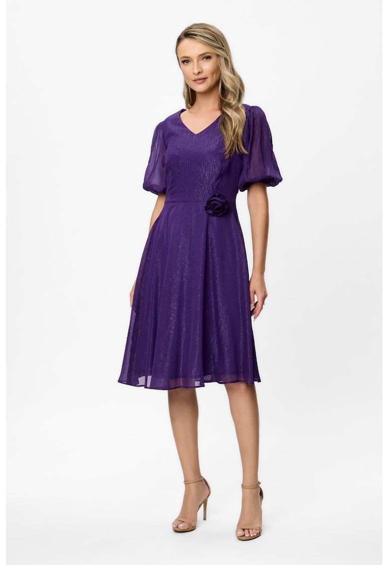 Rochie evazata cu maneci bufante semi-transparente si aplicatie florala Alison