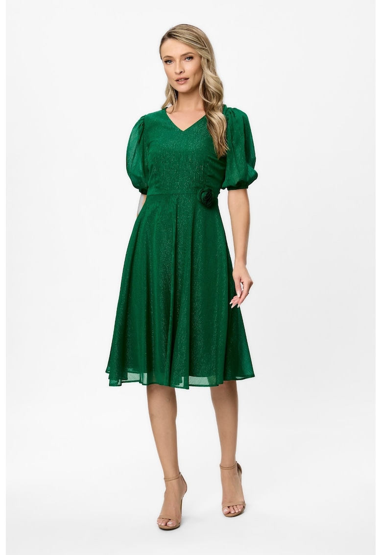 Rochie evazata cu maneci bufante semi-transparente si aplicatie florala Alison