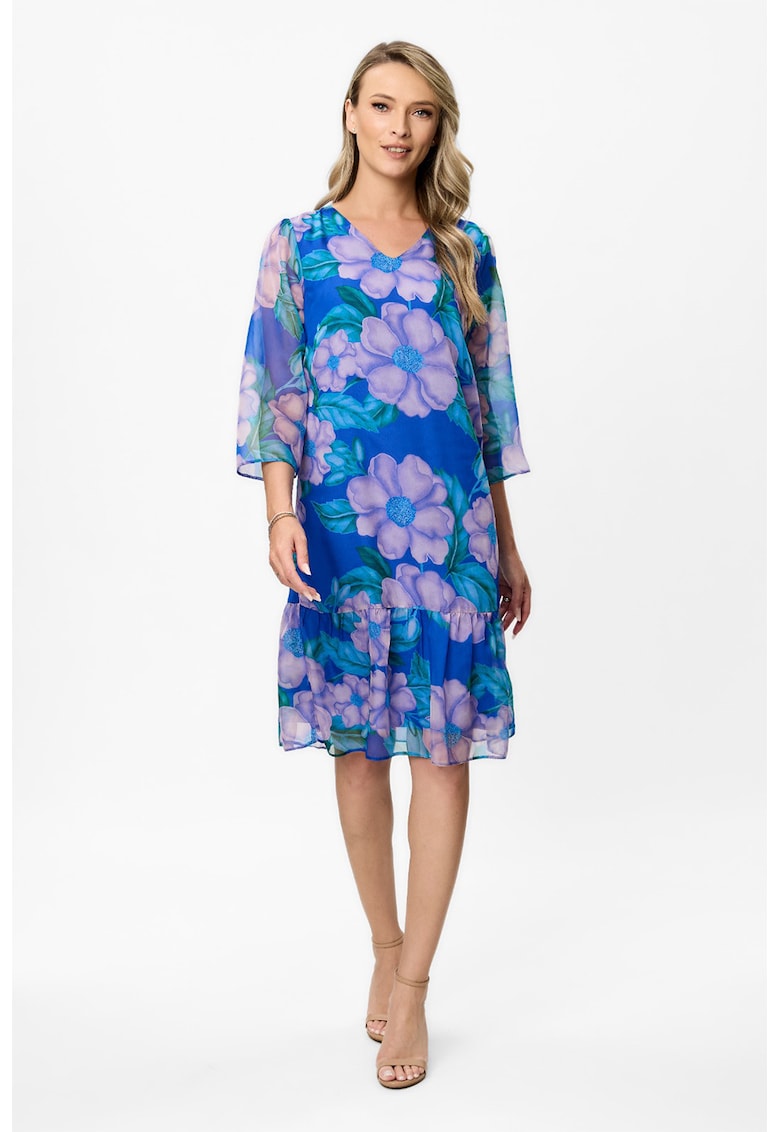 Rochie cu decolteu in V si model floral - Albastru royal/Lila