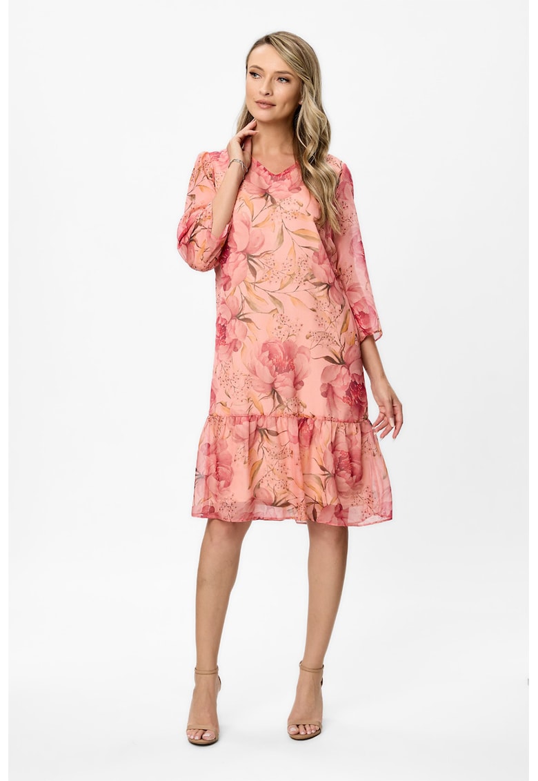 Rochie cu decolteu in V si model floral - Roz