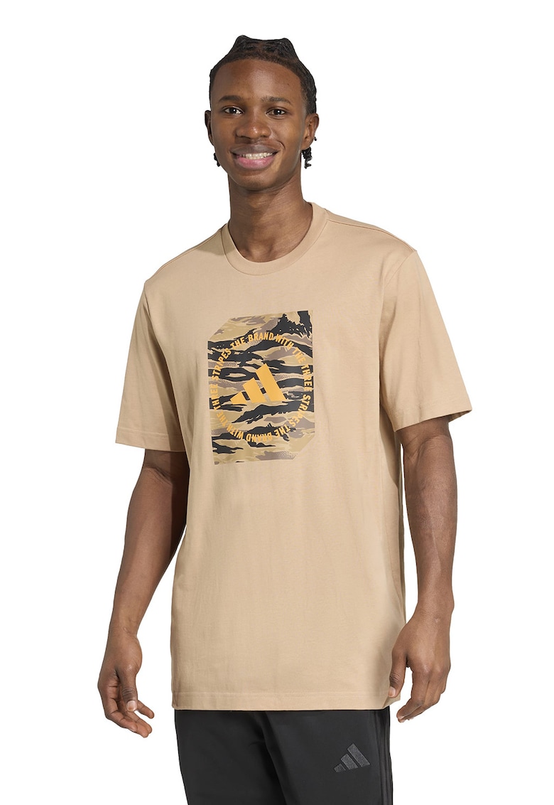 Tricou cu decolteu la baza gatului si imprimeu logo - Galben pai/Maro nisip/Gri inchis