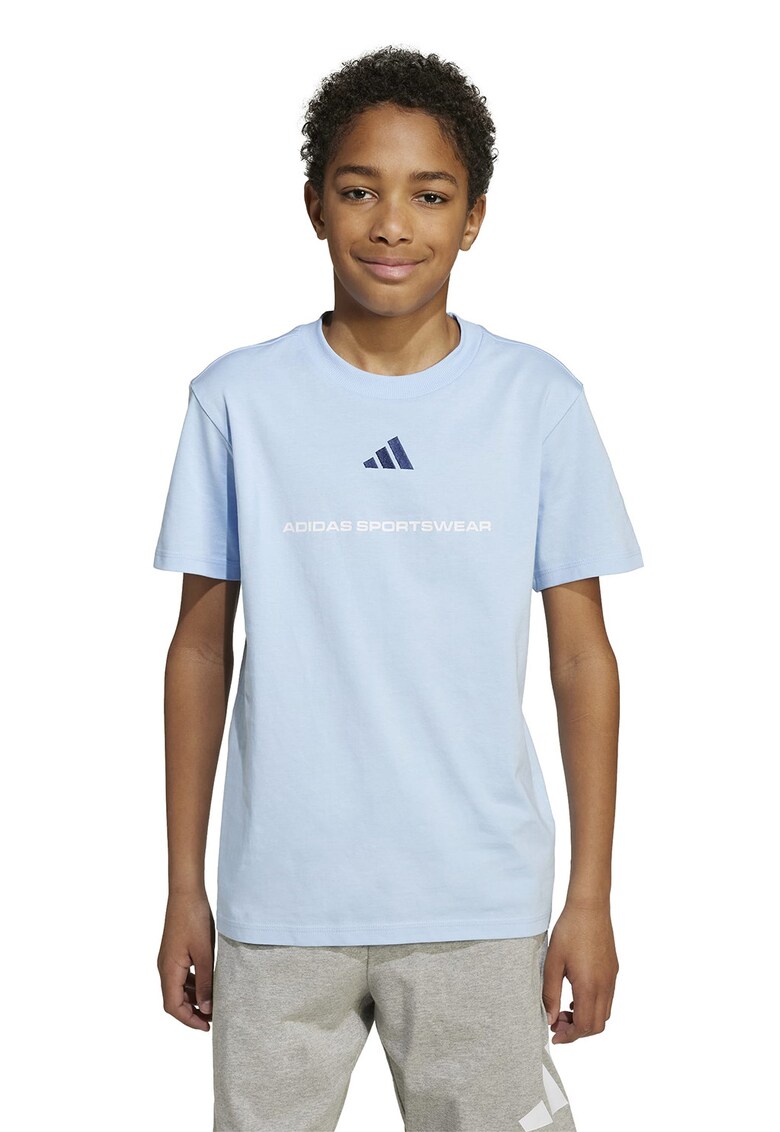 Tricou din bumbac cu decolteu la baza gatului - Albastru glaciar