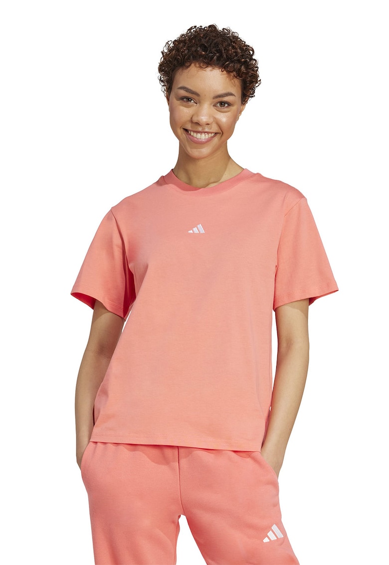 Tricou cu decolteu lrotund si logo discret - Roz somon