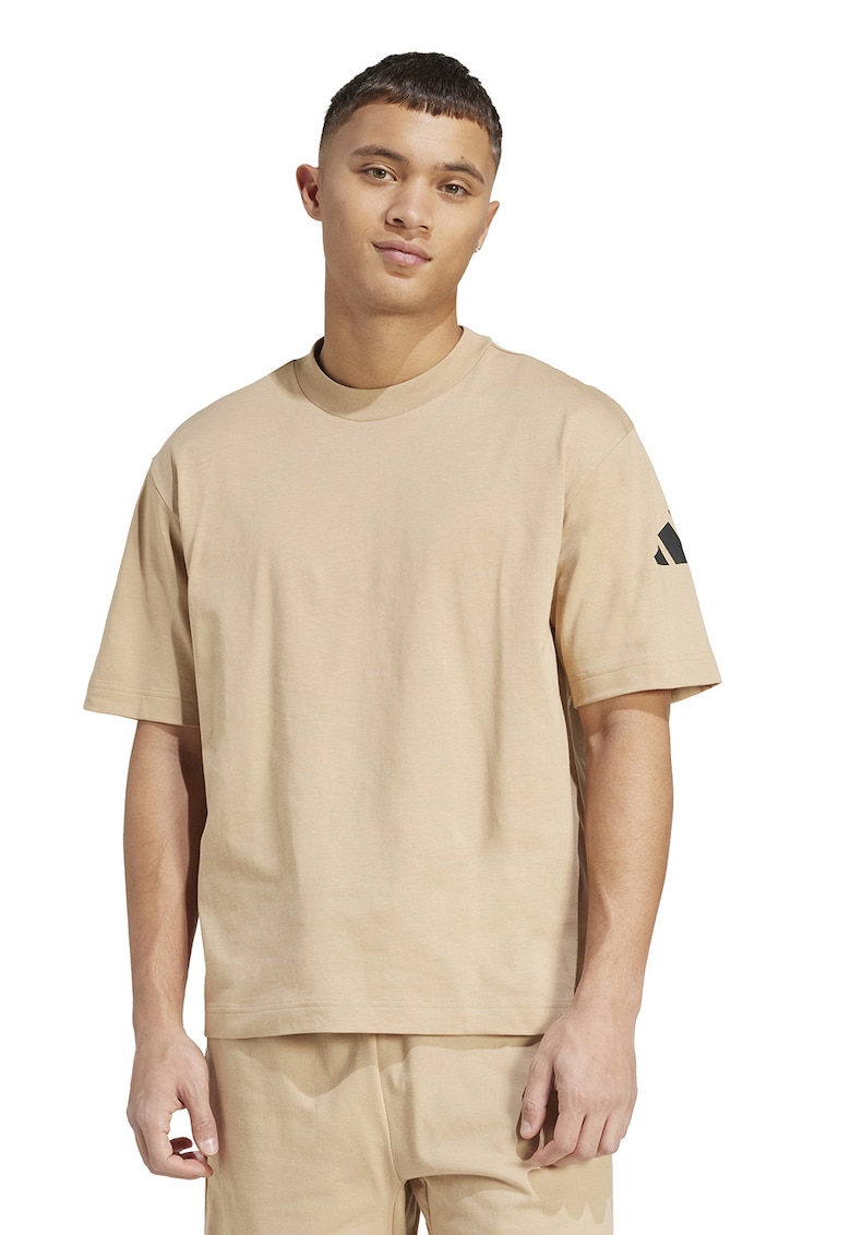 Tricou cu decolteu la baza gatului si detaliu cu logo pe maneci - Negru/Maro camel