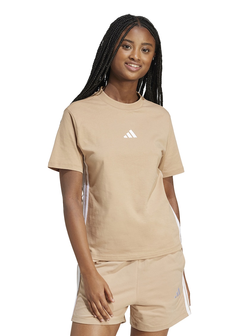 Tricou din bumbac cu decolteu la baza gatului - Alb/Maro nisip