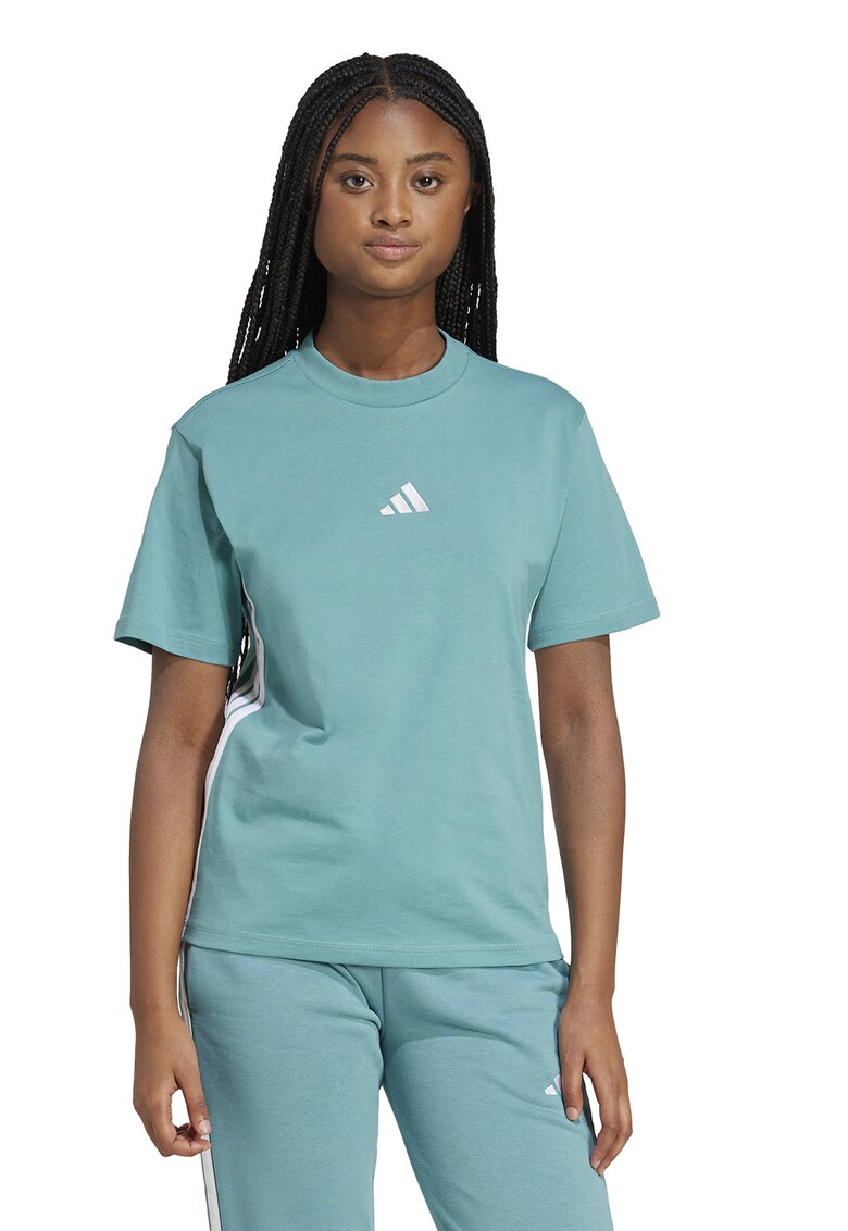 Tricou din bumbac cu decolteu la baza gatului - Alb optic/Albastru deschis