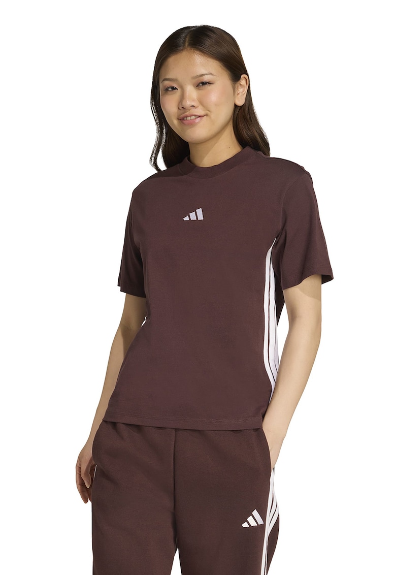 Tricou din bumbac cu decolteu la baza gatului - Alb/Maro inchis