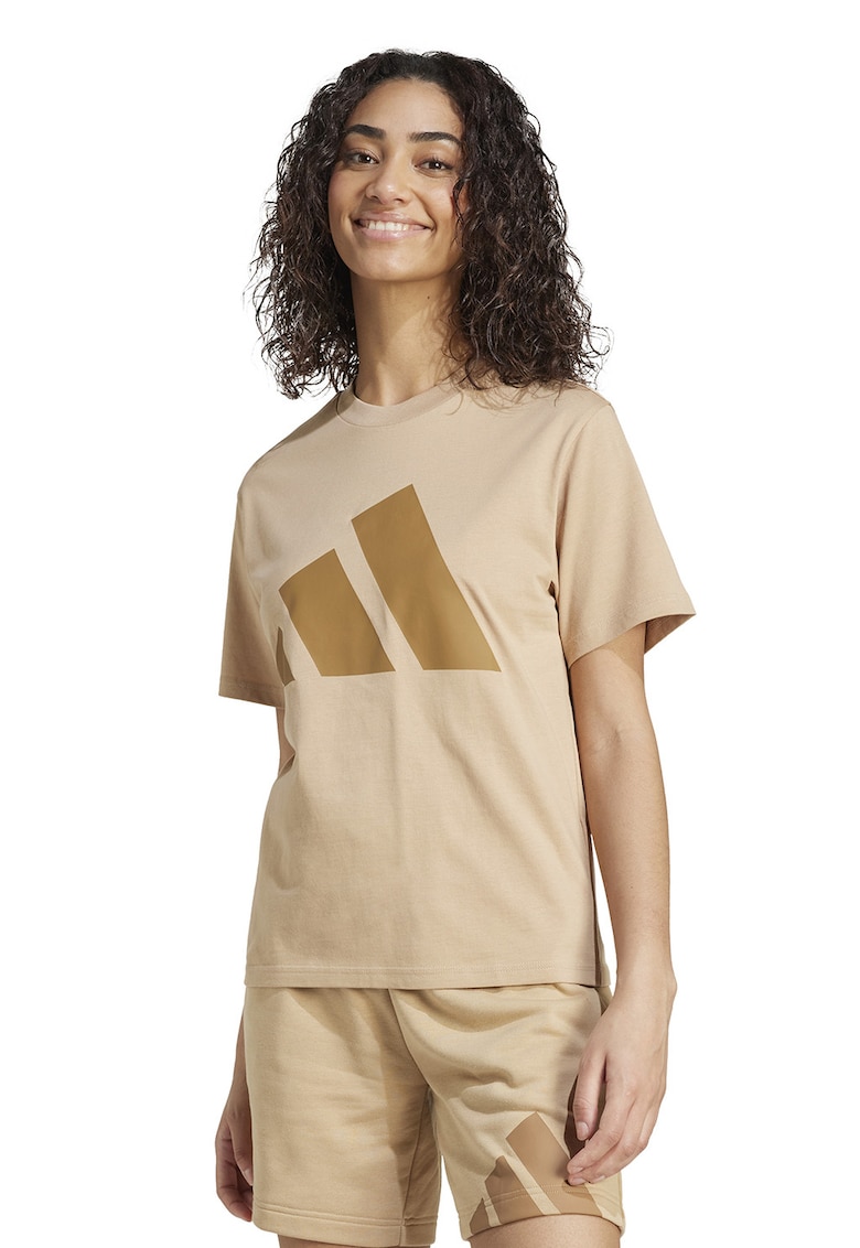 Tricou de bumbac cu decolteu la baza gatului si logo - Maro nisip