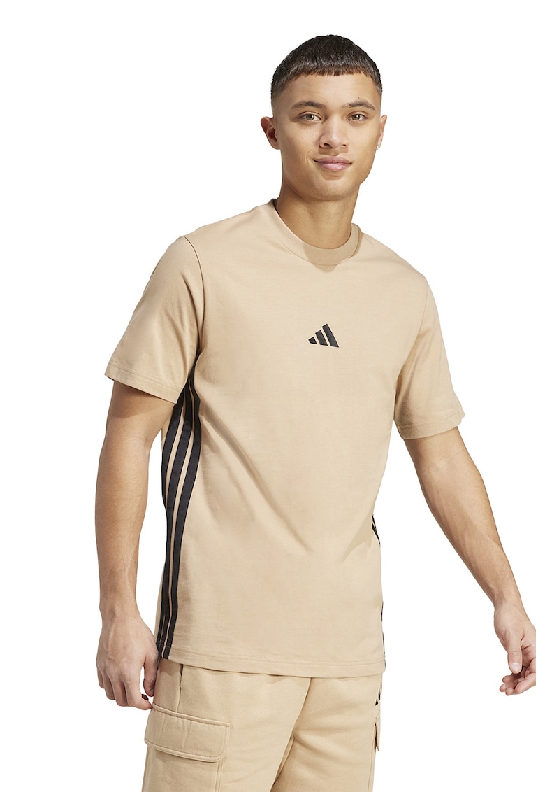 Tricou din bumbac cu decolteu la baza gatului si logo - Negru/Maro camel