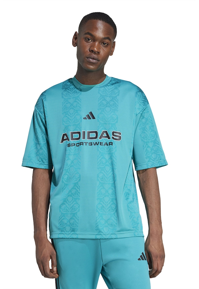 Tricou cu decolteu la baza gatului si imprimeu logo - Verde persan