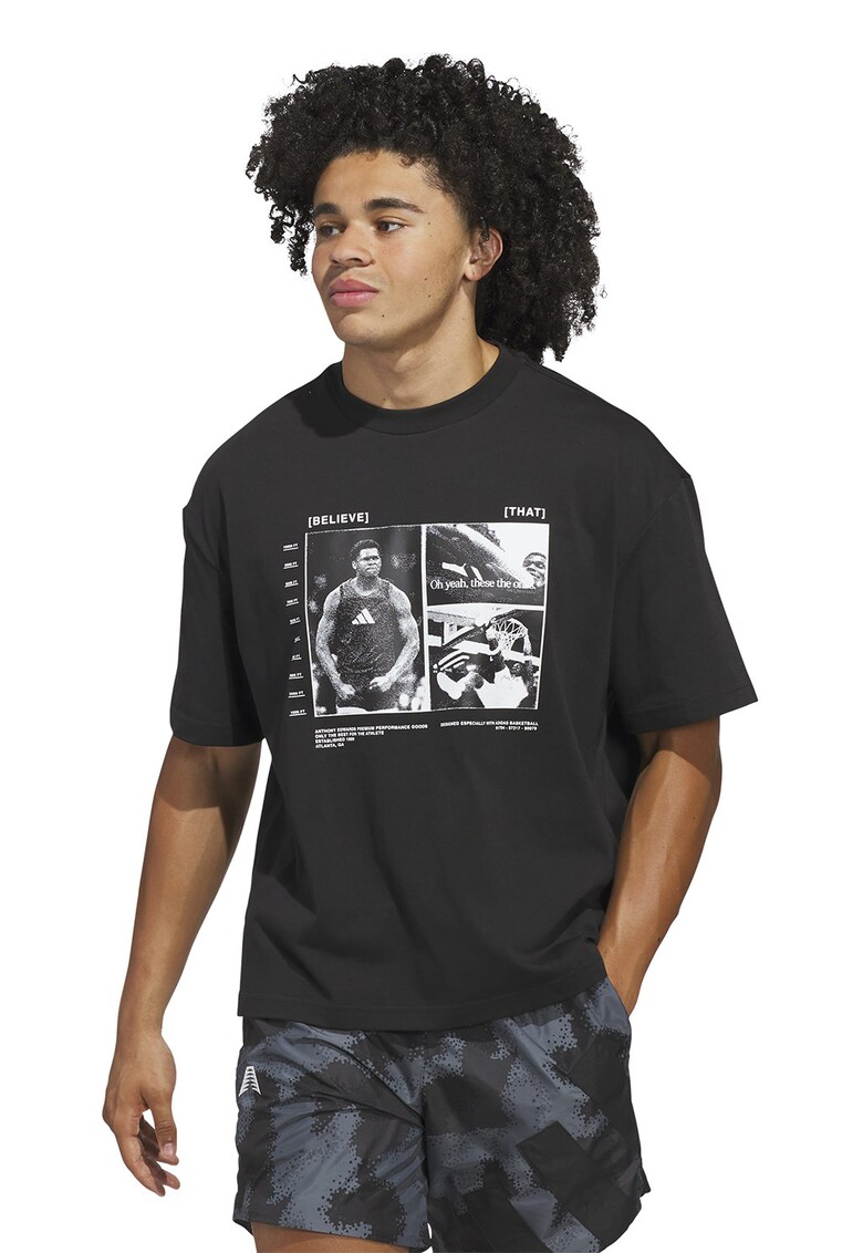 Tricou cu decolteu la baza gatului si imprimeu grafic - Alb/Negru