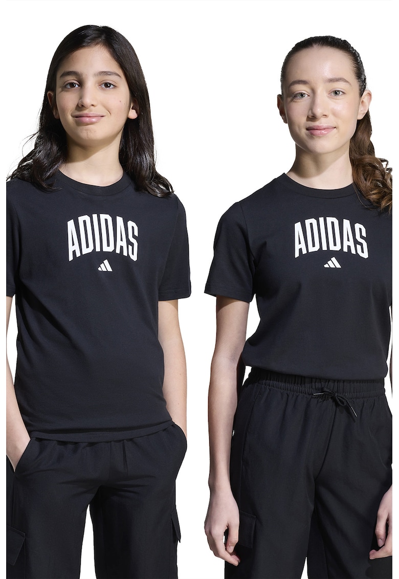 Tricou din bumbac cu decolteu la baza gatului si logo - Negru