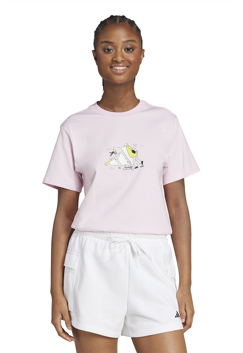 Tricou cu decolteu la baza gatului si imprimeu - Roz pastel