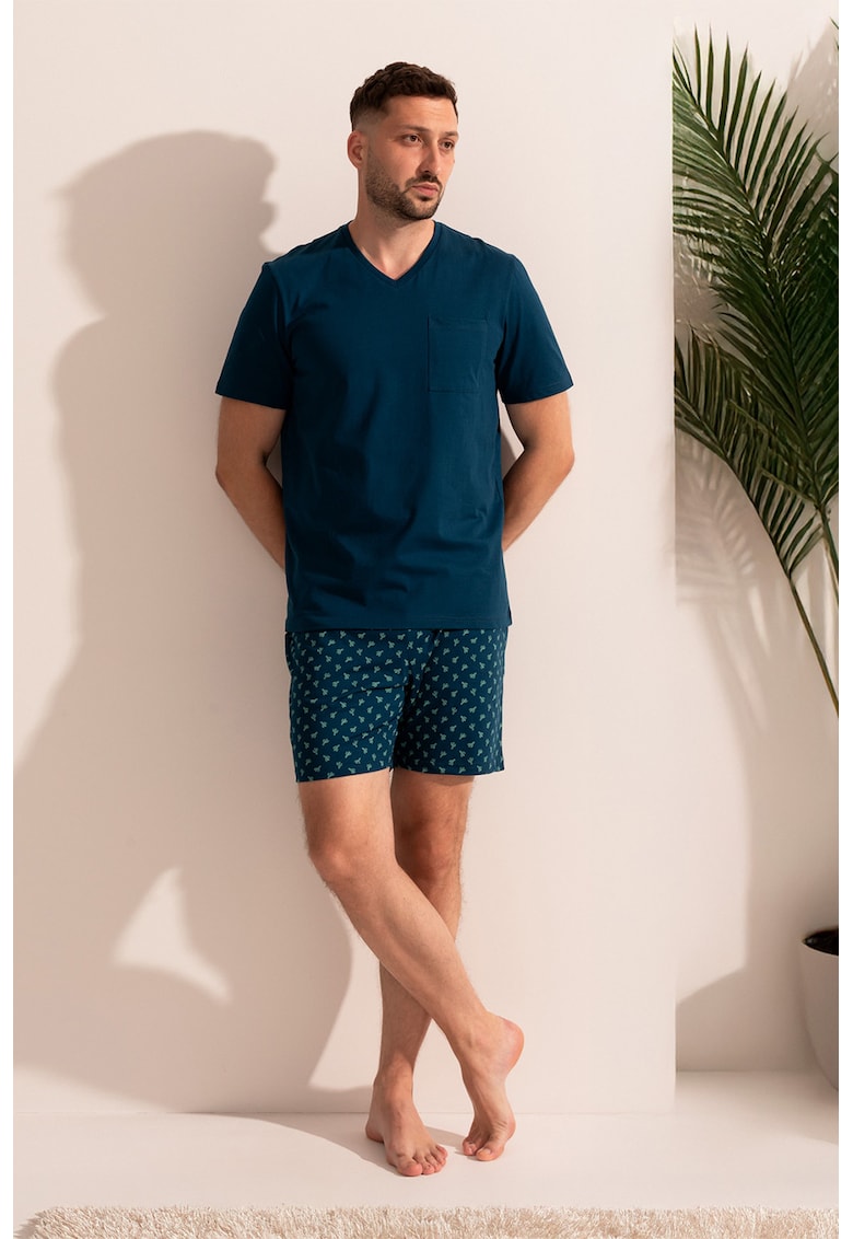 Pijama din bumbac cu maneci scurte Abel - Bleumarin