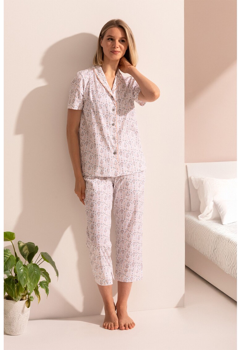 Pijama din bumbac cu maneci scurte Graphic Flower - Gri/Piersica