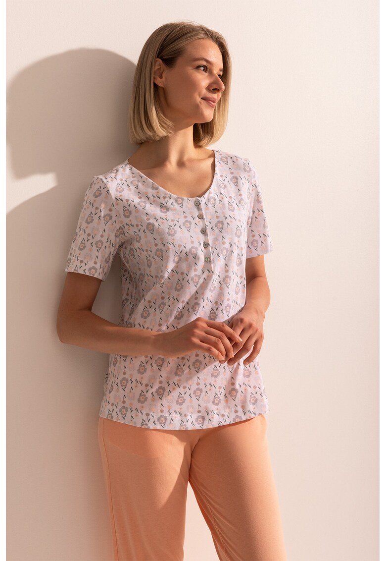 Pijama din bumbac cu pantaloni scurti si imprimeu - Alb/Portocaliu pal