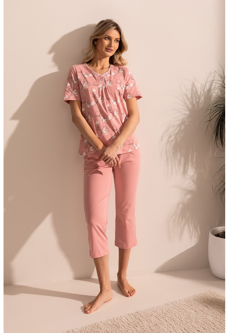 Pijama din bumbac cu imprimeu floral si maneci scurte Malena