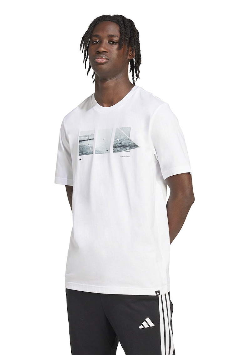 Tricou cu decolteu la baza gatului si imprimeu foto - Negru stins/Alb optic/Albastru glaciar