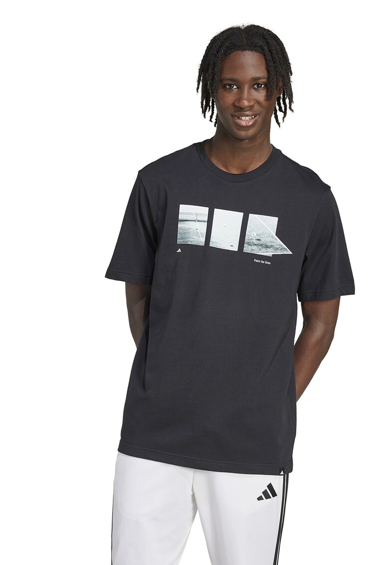 Tricou cu decolteu la baza gatului si imprimeu foto - Negru/Verde pal/Alb optic