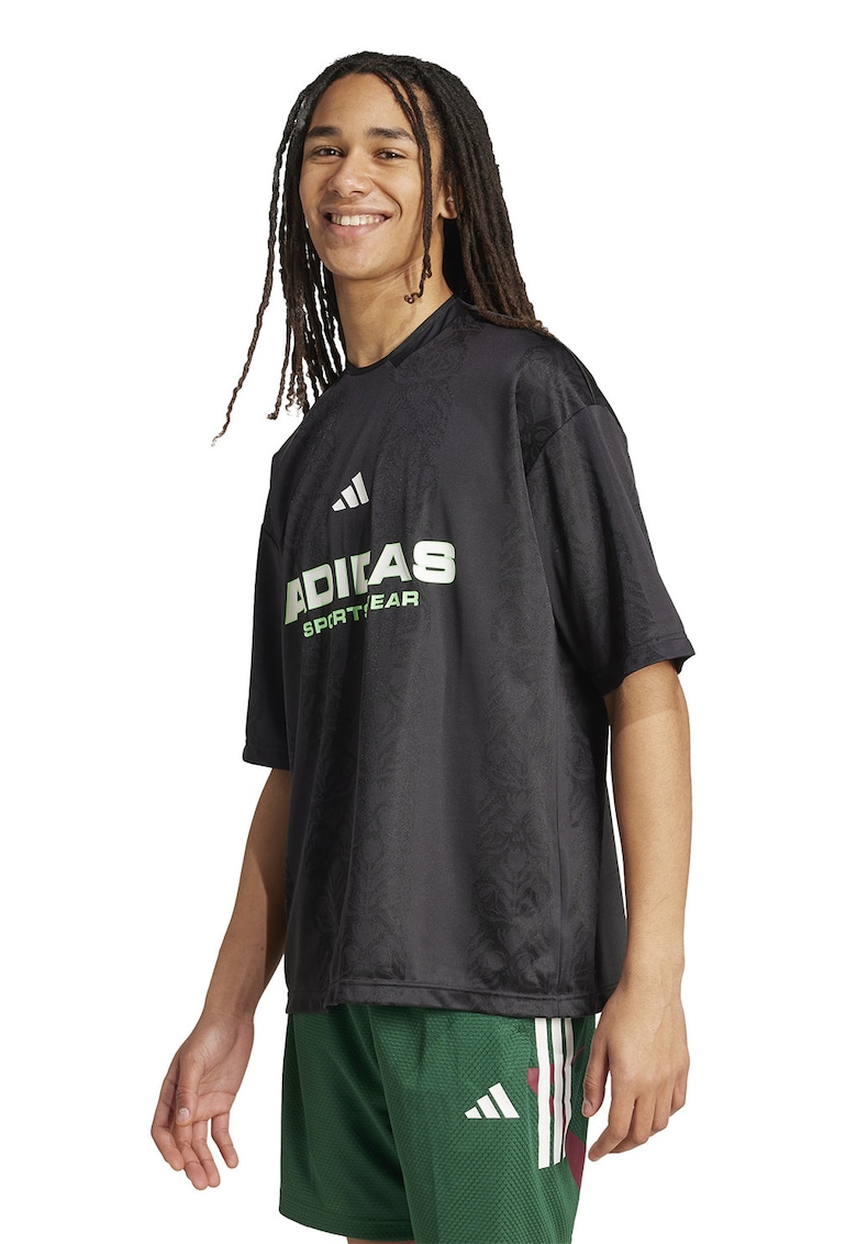 Tricou cu decolteu la baza gatului si imprimeu logo - Verde lime/Gri antracit