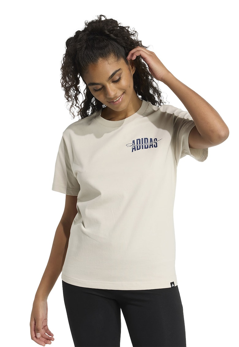 Tricou din bumbac cu imprimeu logo pe piept - Bej/Bleumarin